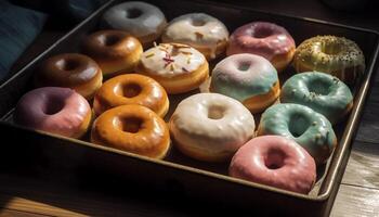 Abundance of chocolate doughnuts in box generated by AI photo