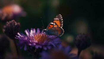 Vibrant butterfly pollinates single flower in nature generated by AI photo