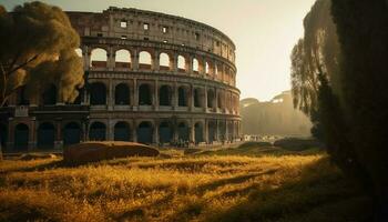 Ancient architecture ruins majestically in the sunset generated by AI photo