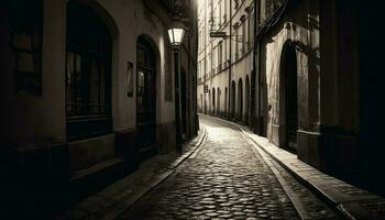 Narrow old street, vanishing point, gothic architecture generated by AI photo