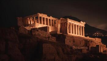 Ancient ruins illuminated at dusk, majestic history generated by AI photo