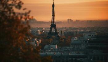 romántico París horizonte a oscuridad, iluminado por puesta de sol generado por ai foto