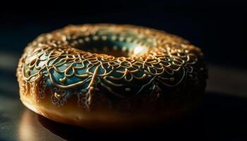 Baked donut with chocolate icing, fresh sweetness generated by AI photo