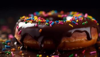 Indulgent chocolate donut with colorful candy toppings generated by AI photo