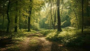 Tranquil forest path, autumn leaves crunching underfoot generated by AI photo