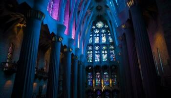 Majestic Gothic basilica illuminated with stained glass generated by AI photo