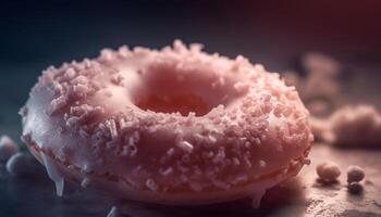 Sweet donut with chocolate icing and strawberry generated by AI photo