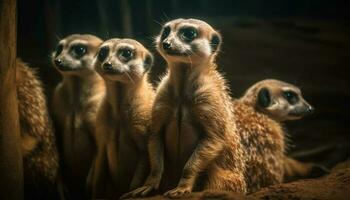 pequeño grupo de suricatas en pie alerta en África generado por ai foto