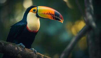 Vibrant toucan perching on branch in forest generated by AI photo