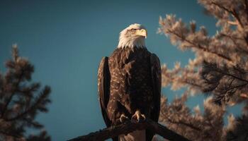 majestuoso calvo águila encaramado en árbol rama generado por ai foto