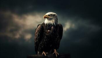 Bald eagle perching on branch, majestic generated by AI photo