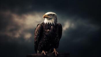 Bald eagle perching on branch, majestic generated by AI photo