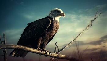Majestic bald eagle perching on branch outdoors generated by AI photo