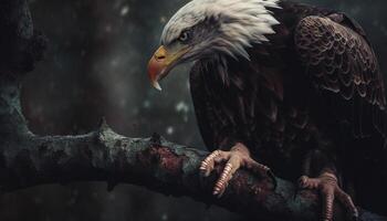 Majestic bald eagle perching on branch outdoors generated by AI photo