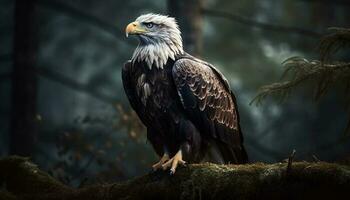 Majestic bald eagle perching on winter branch generated by AI photo