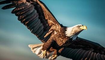 Spread wings, majestic bald eagle in flight generated by AI photo