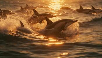 juguetón botella de nariz delfines saltando en puesta de sol mar generado por ai foto