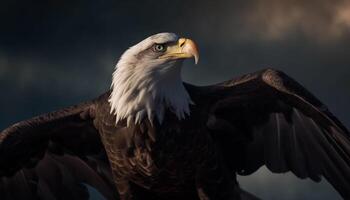 Majestic bald eagle spreads wings in flight generated by AI photo