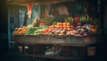 Fresh fruits and vegetables sold at market vendor generated by AI photo