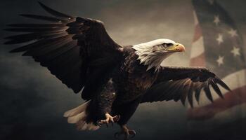 Spread wings of bald eagle in flight generated by AI photo