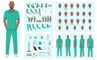 doctor, enfermero personaje creación paquete con diferente posa, expresiones, emociones, mano gestos y equipo para animación vector