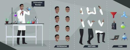 Stylized Scientist, Chemist Character Creation Kit with Facial Expressions, Poses and Some Lab Instruments vector