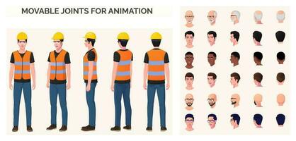 Construction Worker, Engineer Character Creation Pack with Man Wearing Safety Vest, googles and Blue Jeans, Various Ethnicities and Races vector