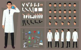 Scientist, Chemist, character Creation Set with Man wearing White Lab Coat, Laboratory Equipment, gestures and Face Expressions front side back view vector