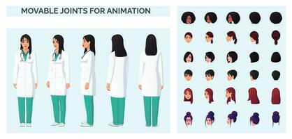 Cartoon Doctor Character creation with Female Doctor Wearing White Lab coat Front, Back and Sideview with Multiple Races and Ethnicities vector