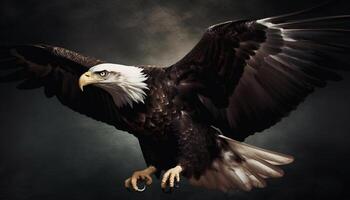 Majestic bald eagle spreads wings in flight generated by AI photo