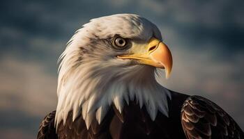 Majestic bald eagle perching, looking at camera generated by AI photo