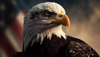 Majestic bald eagle perching, looking at camera generated by AI photo