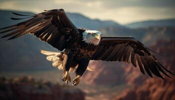 untado alas, majestuoso calvo águila toma vuelo generado por ai foto