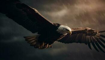 Spread wings, majestic bald eagle in mid air generated by AI photo