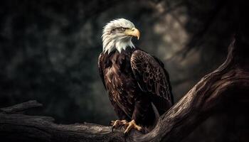 Majestic bald eagle perching on tree branch generated by AI photo