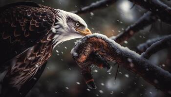 Bald eagle perching on snowy branch outdoors generated by AI photo