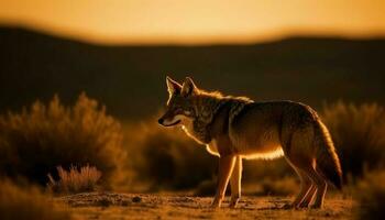 Majestic wolf standing in twilight on savannah generated by AI photo
