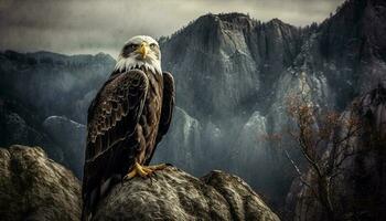 Majestic bald eagle perching on mountain peak generated by AI photo