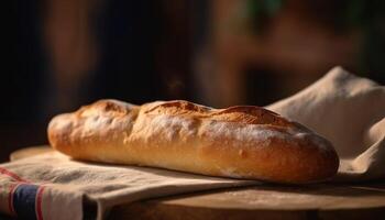 Freshly baked bread on rustic wooden table generated by AI photo