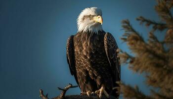 Majestic bald eagle perching on tree branch generated by AI photo