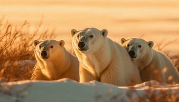 Tres juguetón joven ártico mamíferos caminando en hielo generado por ai foto