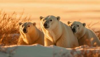 Three playful young arctic mammals walking on ice generated by AI photo