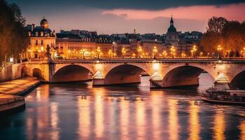 Illuminated architecture reflects on riverbank at dusk generated by AI photo