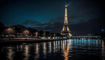 Majestic city skyline illuminated at dusk, reflecting history generated by AI photo