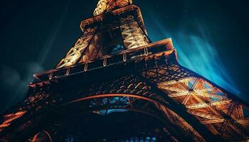 majestuoso eiffel torre ilumina París a oscuridad generado por ai foto