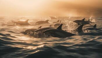 juguetón delfines salpicaduras en el azul olas generado por ai foto