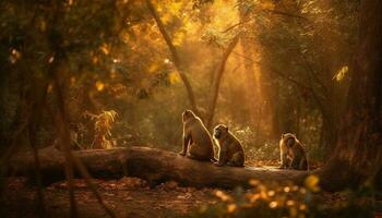 Young macaque sitting on tree branch, autumn leaves generated by AI photo