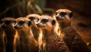 Small meerkats standing in a row, alert and cute generated by AI photo