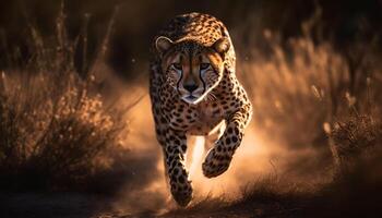 Spotted cheetah walking majestically in African savannah generated by AI photo