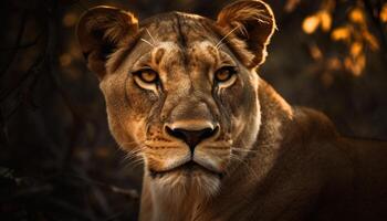 majestuoso leona curioso, alerta en el desierto generado por ai foto